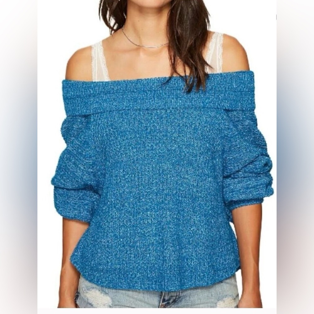 Free People Edessa Off the Shoulder Blue Pullover Balloon Sleeve Knit Sweater L